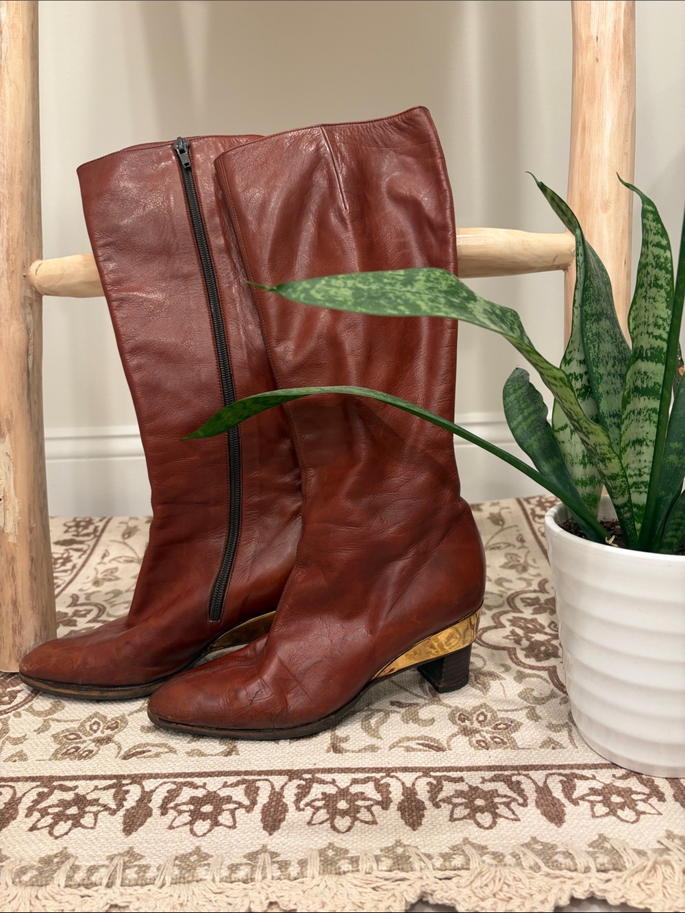 Vintage Fortuna Valentino Chestnut Leather Mid-Calf Boots with Gold Accent Heel